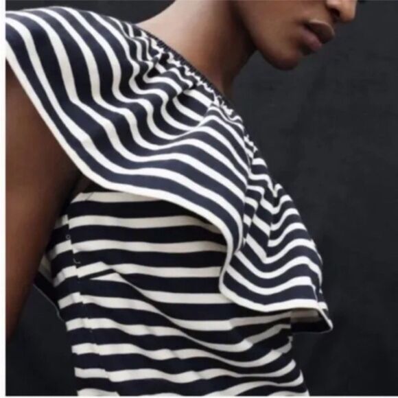 J. Crew Tops - J.Crew One-Shoulder Ruffle Top | Black White Stripes | Women’s XS EUC